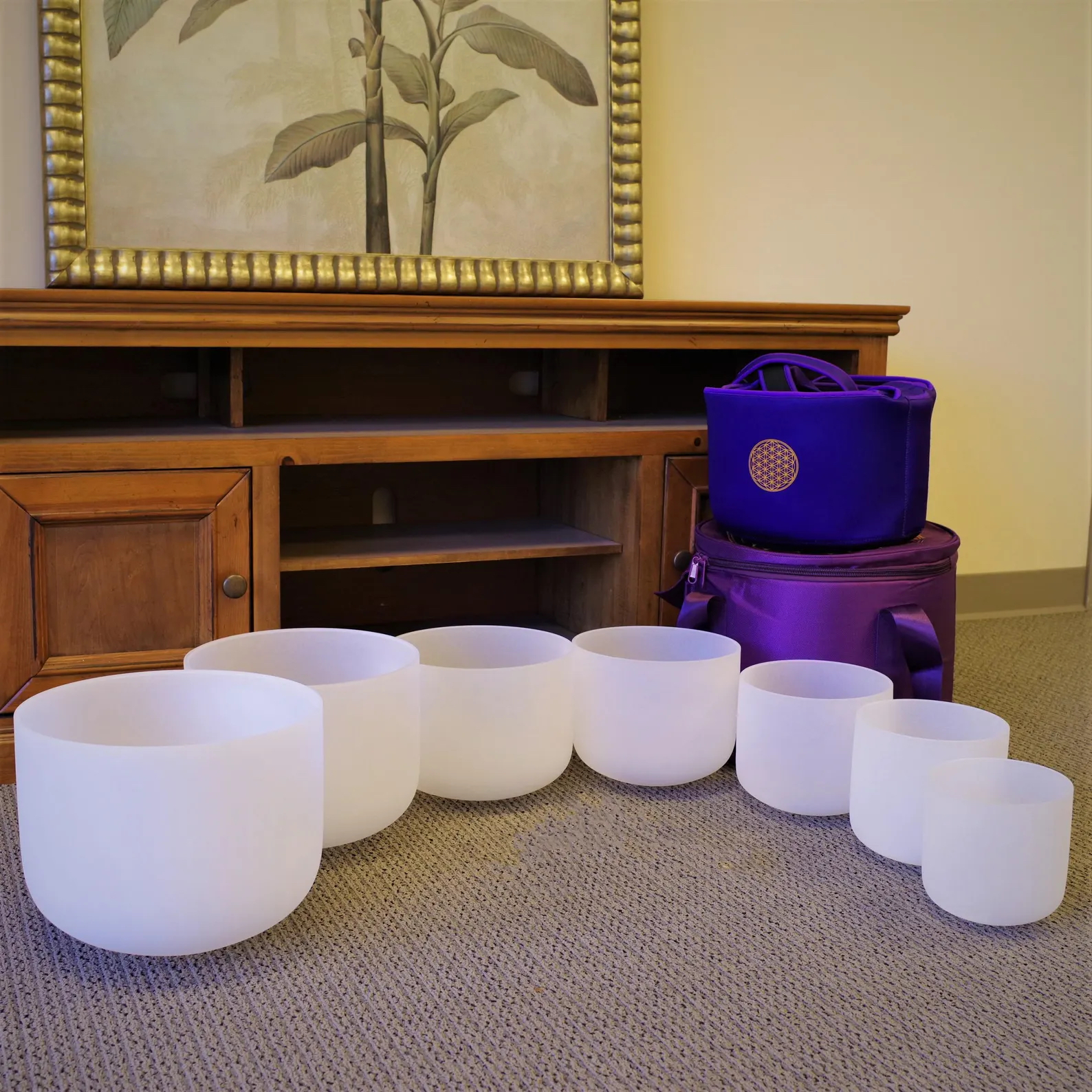 Crystal singing bowls arranged for meditation session